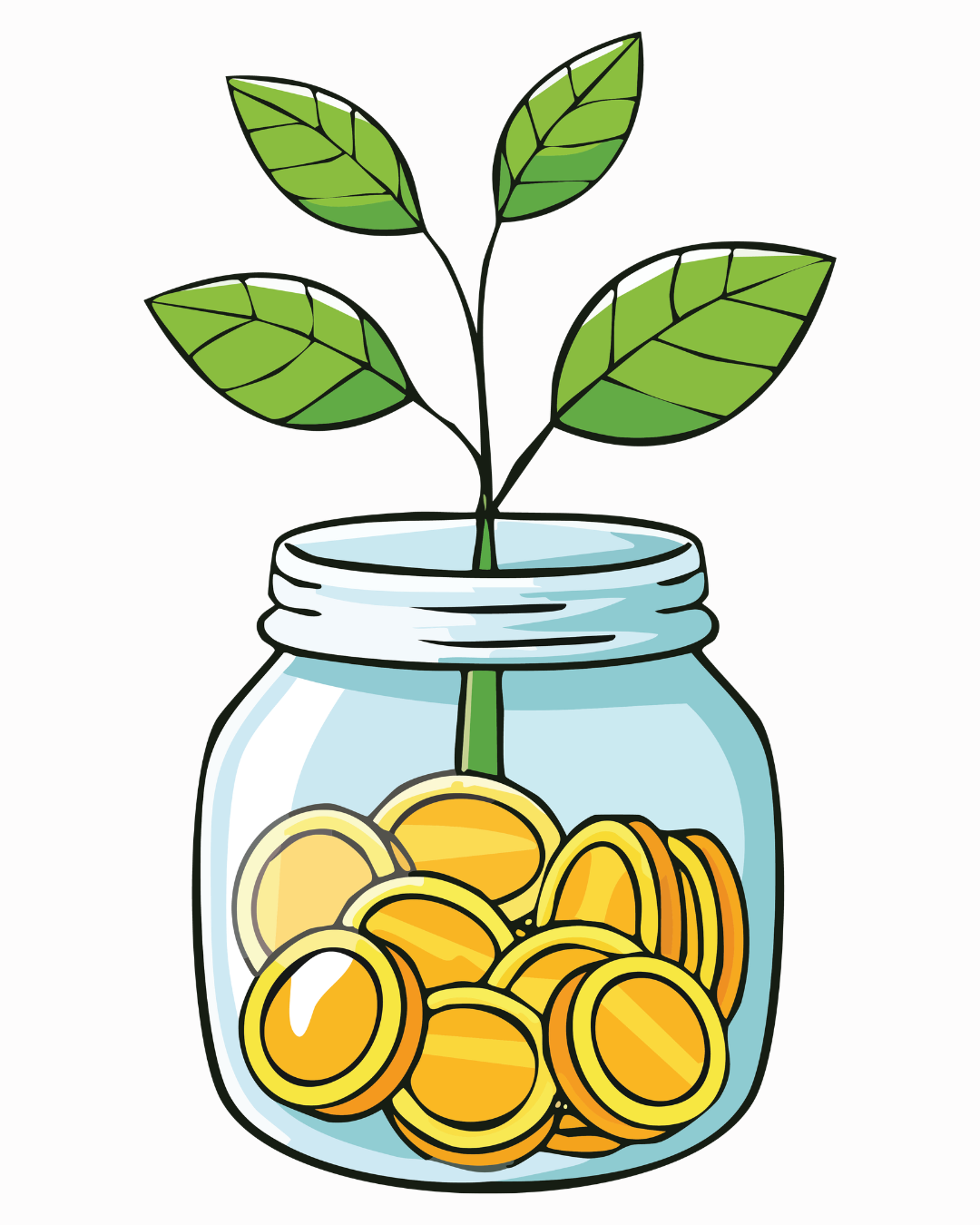 cartoon image of jar of coins with plant growing from coins.
